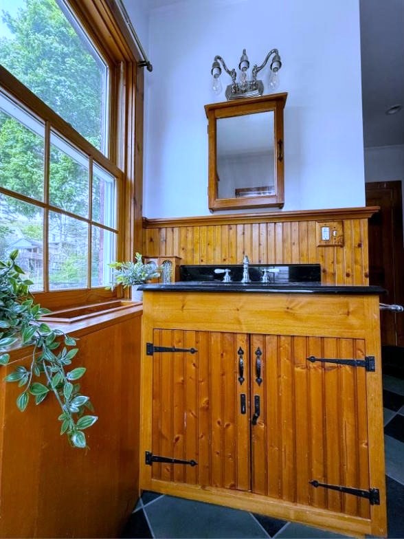 Powder room vanity in reclaimed pine