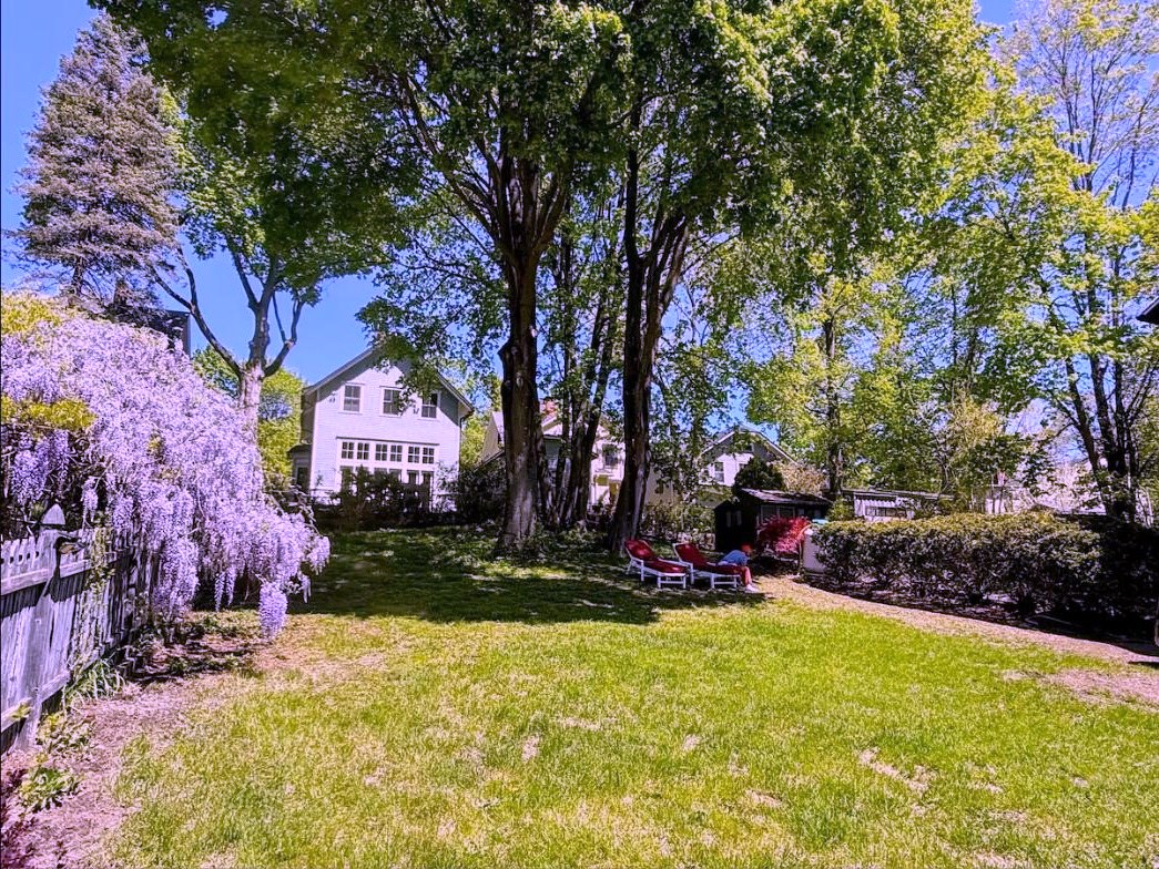 Lawn bordered by a landscaped garden and mature shade trees